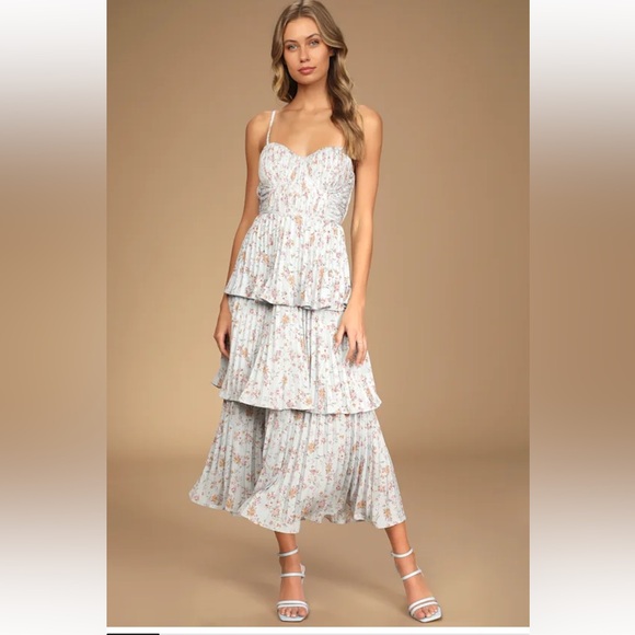Dresses & Skirts - Lulus Cascading Crush Pale Pink Floral Print Tiered Bustier Midi Dress